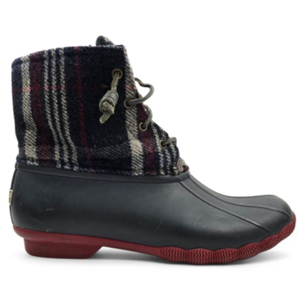Sperry Saltwater Duck Boots Womens‎ 10 M Blue Red Wool Plaid Waterproof Rubber